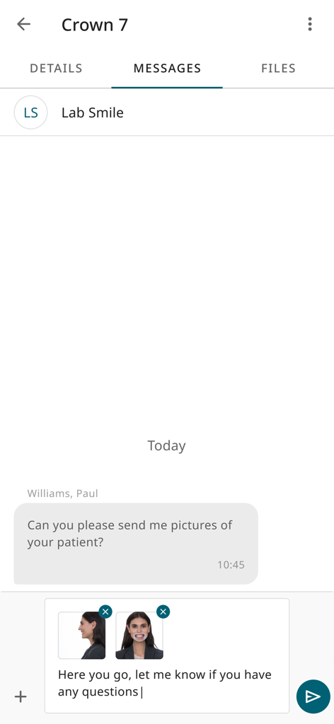 3Shape Unite Cloud - In-app chat between a dentist and a dental lab for patient case collaboration.