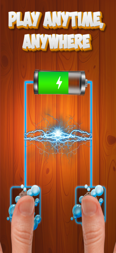 Fidget Master: Relaxing Games - Shock Challenge mini-game in Fidget Master app showing an electric circuit being activated by two fingers.