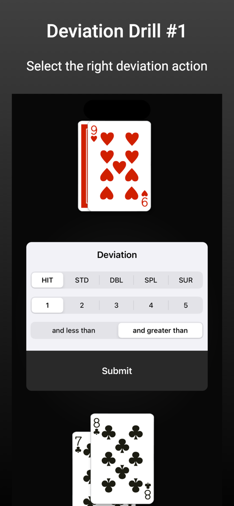 Blackjack Card Counting Pro - Interface for the Deviation Drill in the Blackjack Card Counting Pro app showing card hands and strategic action choices