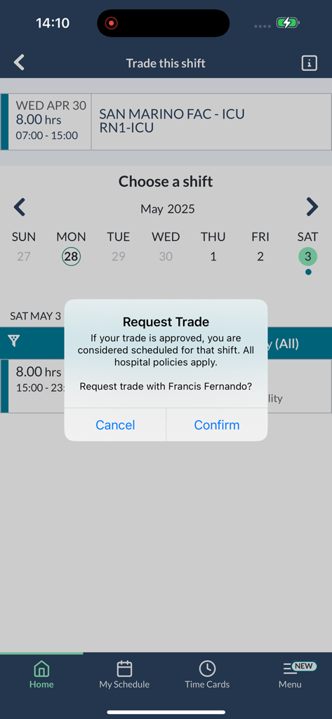 symplr Workforce - Mobile app screen showing a shift trade request confirmation for a healthcare worker