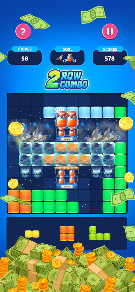 Captura de pantalla del juego móvil Blocks Blast con un puzzle de bloques y premios en efectivo