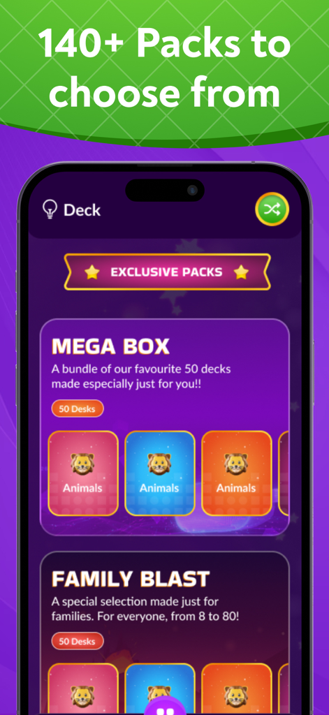 Charades & Headbands - GuessUp - Mobile app screen showing over one hundred forty charades categories including mega box and family blast packs