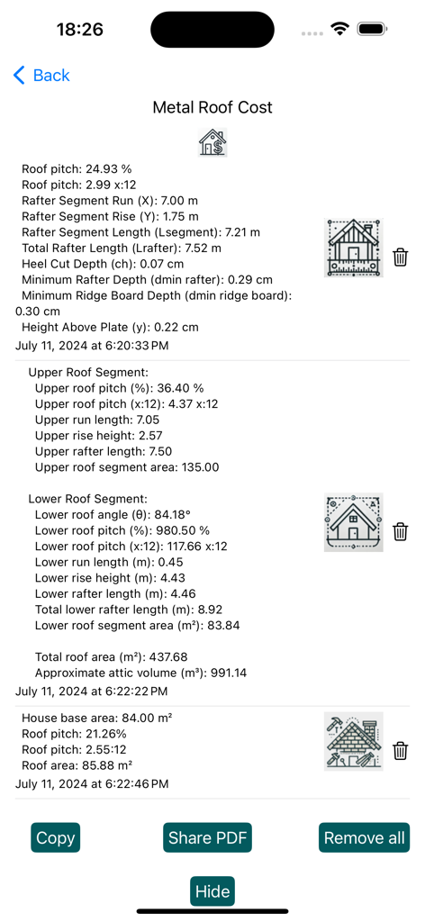 Construction Roofing calc - Metal roof cost calculation details including pitch and rafter length