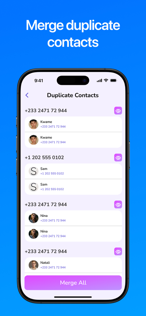 Contacts Backup and Transfer⁺ - Pantalla mostrando entradas de contactos duplicados y un botón de fusionar todo en la aplicación
