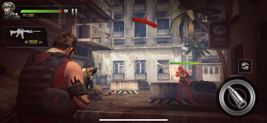 Gameplay di uno sparatutto in terza persona in Gun Zone che mostra un personaggio che mira a un soldato nemico in un ambiente urbano