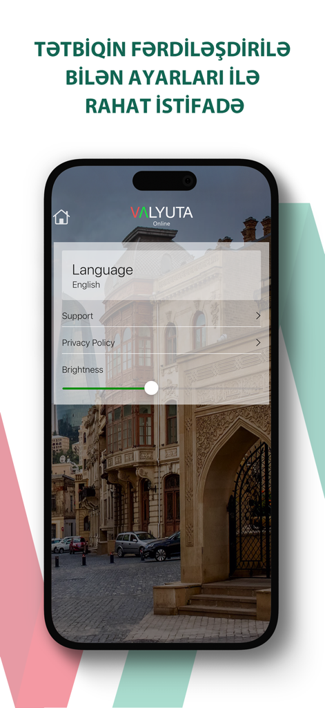 Schermata delle impostazioni dell'app Valyuta.com che mostra le opzioni linguistiche e il cursore di controllo della luminosità