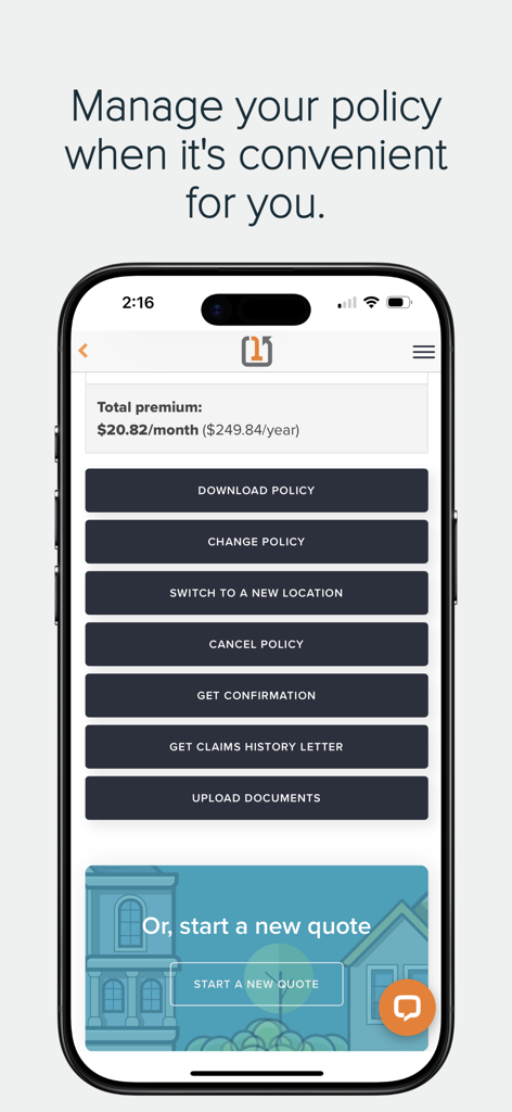 Square One - Square One mobile app screen showing options to manage insurance policies and view monthly premiums