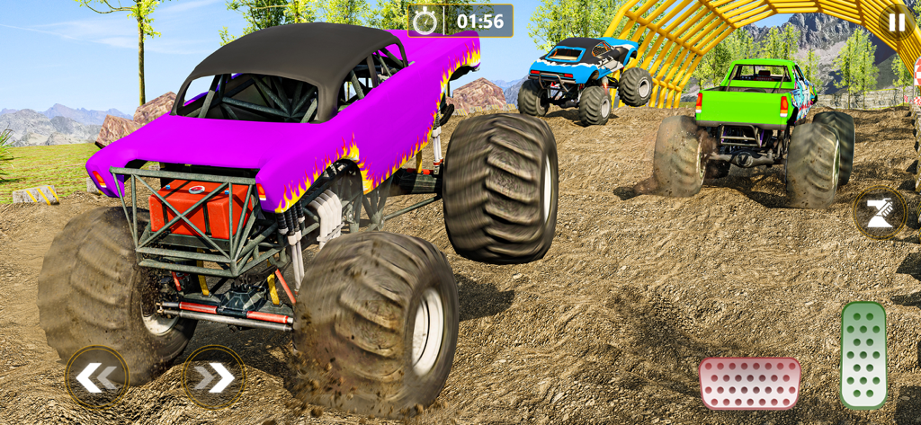Three monster trucks competing on a dirt offroad track with mountain scenery.