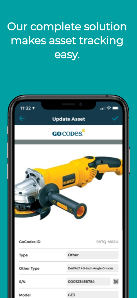 GoCodes Asset Tracking - GoCodes mobile app interface on a smartphone showing asset tracking details and a photo of a construction tool