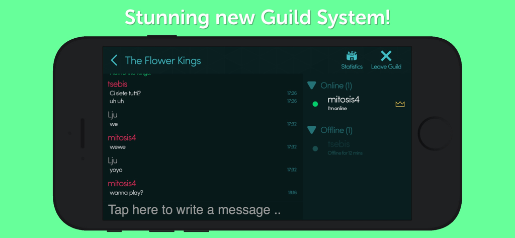 In-game guild chat interface for Mitos.is showing player messages and online members.