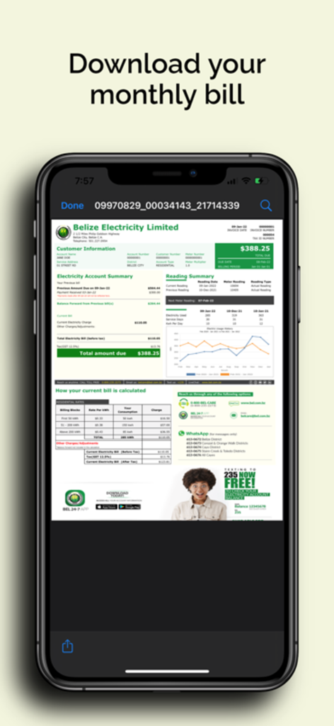 BEL 24-7 - Interface de l'application BEL 24-7 montrant une facture d'électricité numérique mensuelle détaillée à télécharger sur un smartphone