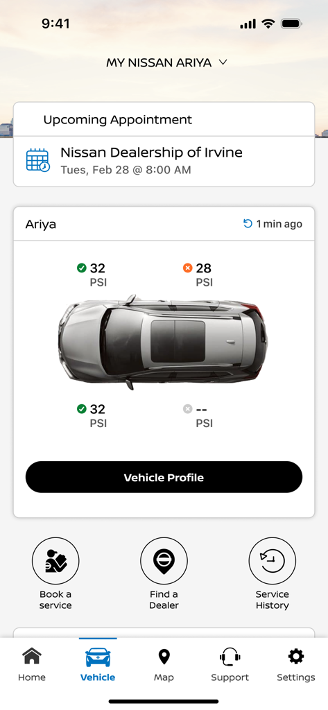 MyNISSAN® - MyNISSAN app dashboard showing Nissan Ariya tire pressure status and upcoming service appointment