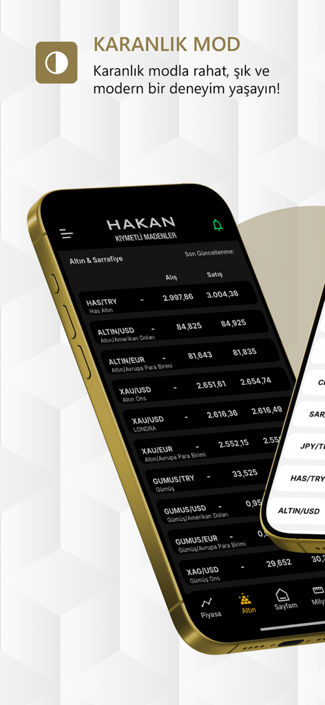 Hakan Altın - Hakan Altın 금융 앱을 다크 모드로 표시하고 실시간 금 및 통화 가격이 표시된 휴대폰