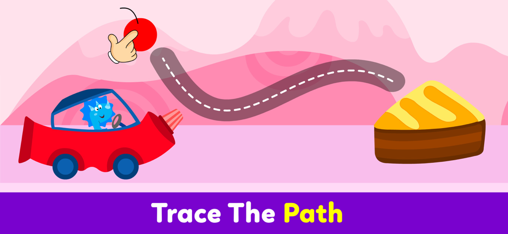 Toddler Car Games For Kids 2 5 - 赤い車とケーキのスライスを特徴とする幼児向け車ゲームのパス追跡アクティビティ