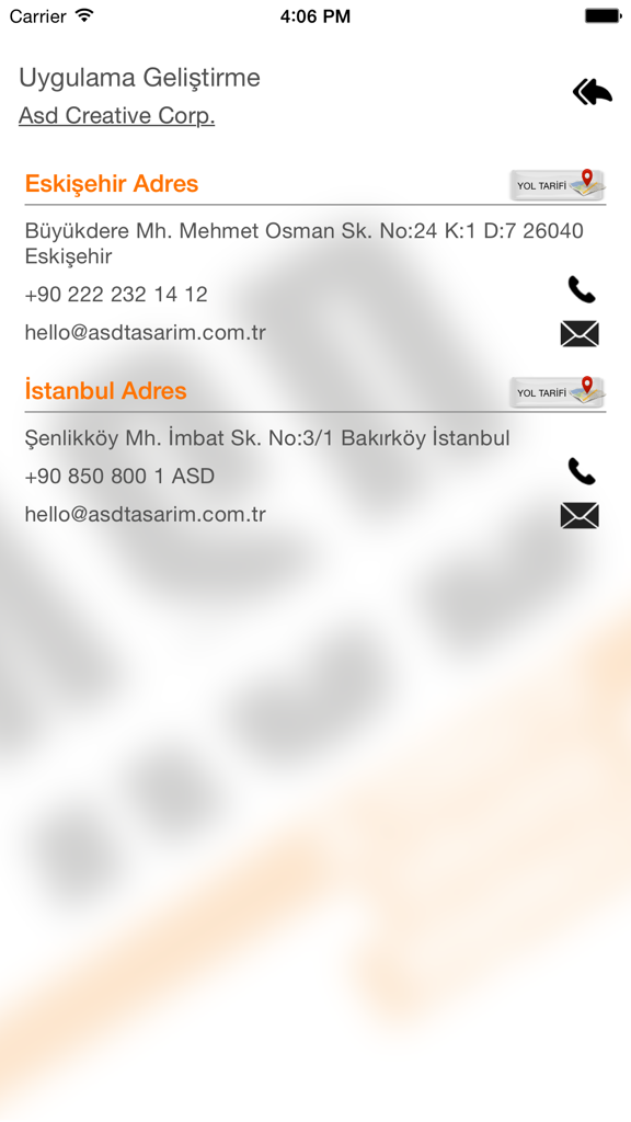 whois.info.tr - Contact information screen for Asd Creative Corp showing office locations in Eskisehir and Istanbul