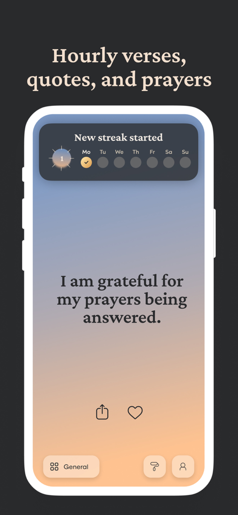 Ein Bildschirm einer mobilen App, der ein tägliches Dankgebet und einen Tracker für spirituelle Gewohnheits-Streaks auf einem Farbverlaufhintergrund zeigt.