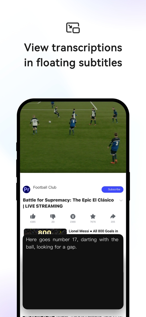 スマートフォンの画面。フローティング字幕ウィンドウにリアルタイム文字起こしが表示されたサッカーの試合のビデオが表示されています。