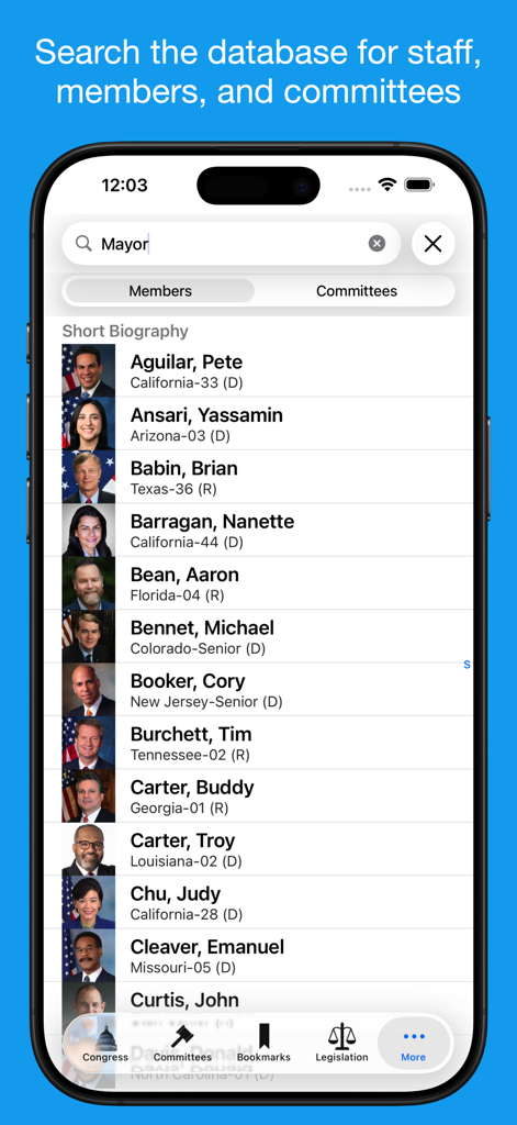 Congress Pro - Search interface of the Congress Pro app displaying a list of US Congress members with photos and bios.