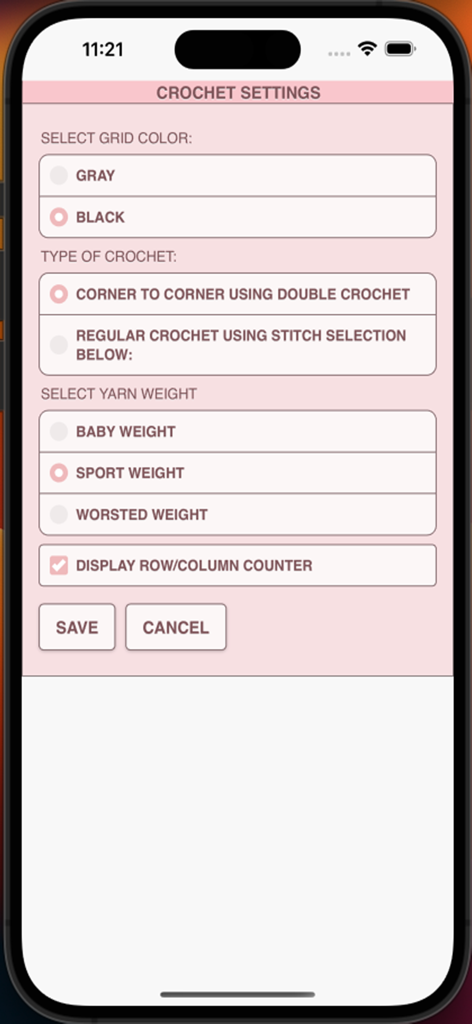 Graphghan Pattern Creator - Crochet settings menu in the app showing options for grid color crochet type and yarn weight