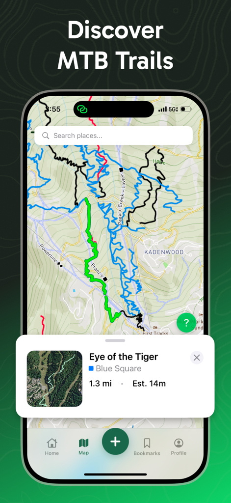 RidePal - Find Trails, Compete - RidePal mobile app interface showing mountain bike trails on a topographical map with difficulty ratings and distance information.