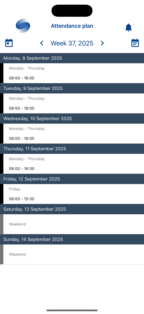 Worklinq app interface displaying a weekly work attendance plan and shift schedule