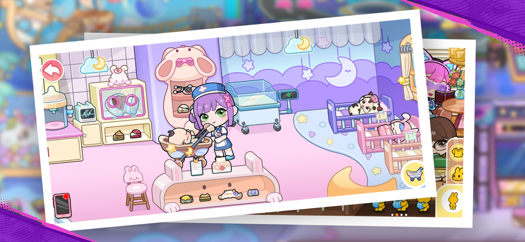 Una colorata simulazione di asilo in stile cartone animato in Tut World Candy School con un personaggio che si prende cura di neonati nelle culle.