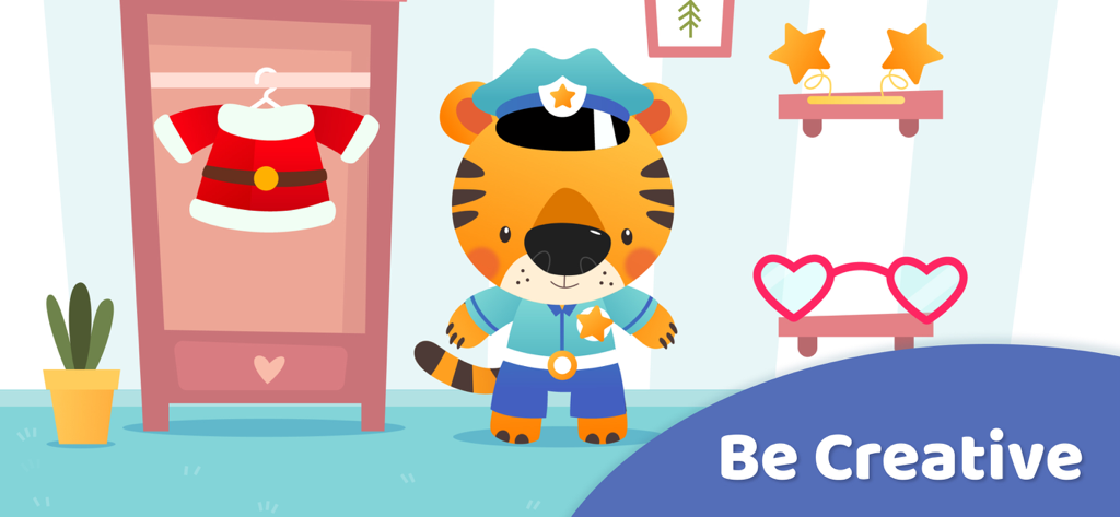 Baby Games for Kids - Babymals - Un tigre de dibujos animados vestido con un uniforme de oficial de policía en una actividad de disfraces creativa para niños pequeños