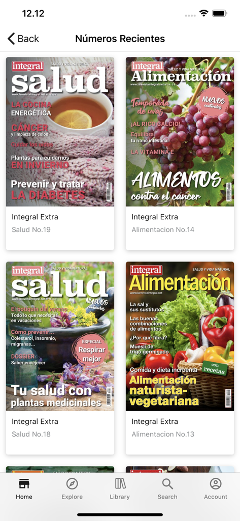 Interfaz de la app Integral Extra mostrando portadas recientes de revistas digitales centradas en salud natural y nutrición.
