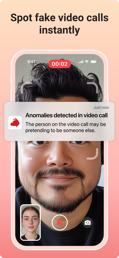 Trend Micro ScamCheck interface showing real time detection of anomalies in a fake video call