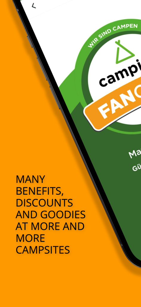 Smartphone screen showing camping info fanclub benefits and discounts for campers