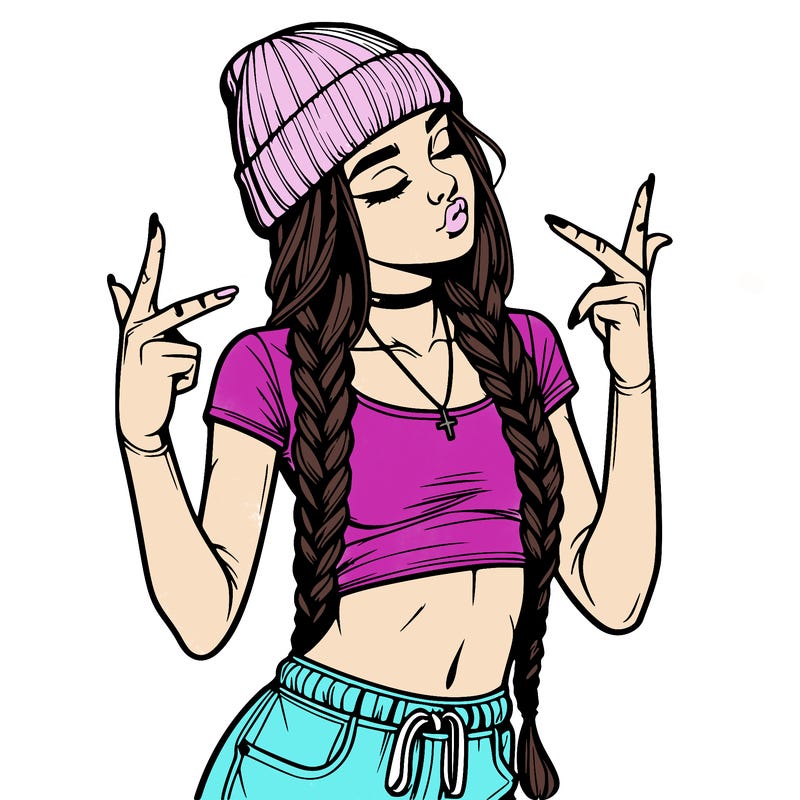 realistic teenage girl with braids and a beanie and crop top doing 🫶🏼