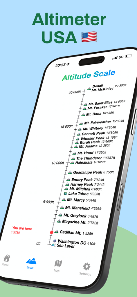 Altimeter Pro USA - Altimeter Pro USA app interface showing a vertical altitude scale comparing the user's current elevation to famous American mountains like Denali and Mt Whitney