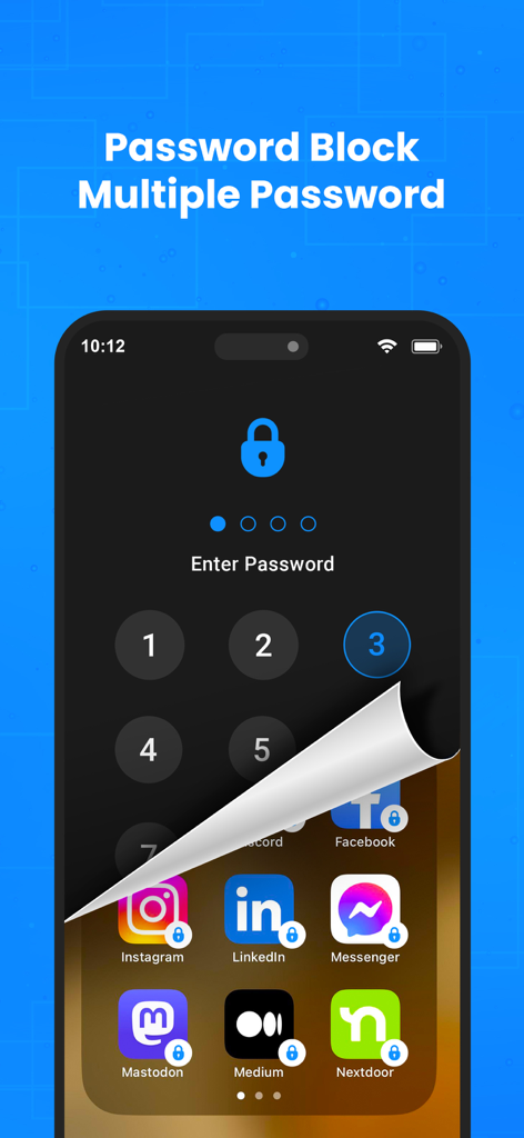 A mobile phone screen showing a numeric passcode keypad overlaying social media icons with lock symbols for privacy protection.