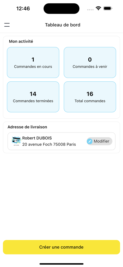 Happy Glaçons - Happy Glacons app dashboard showing order summary and delivery address