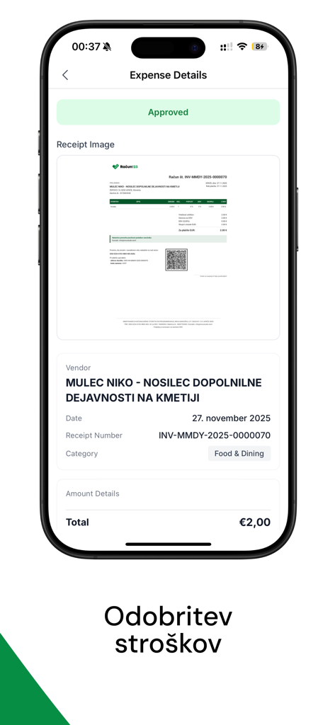 Račun123 - Captura de pantalla de la app Račun123 que muestra los detalles de gastos y una imagen de recibo aprobada