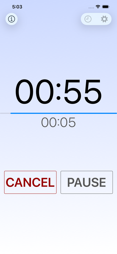 Voice Over Timer - Active countdown screen of Voice Over Timer app with pause and cancel buttons
