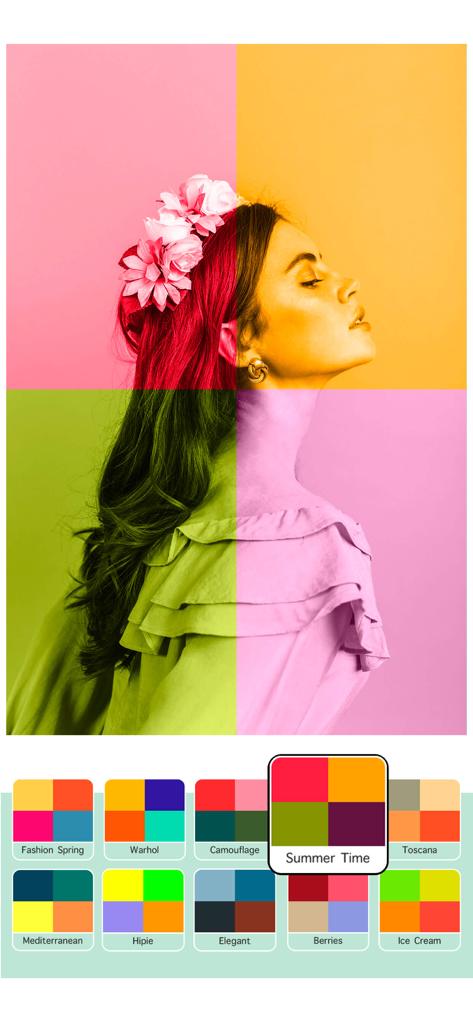Pop Art filters and effects - A portrait of a woman divided into four colorful quadrants using a pop art filter effect with various color palette options below