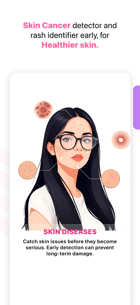 The Skincare Scanner - Derma - An illustration of a woman showing skin condition callouts for early detection of skin diseases and cancer.