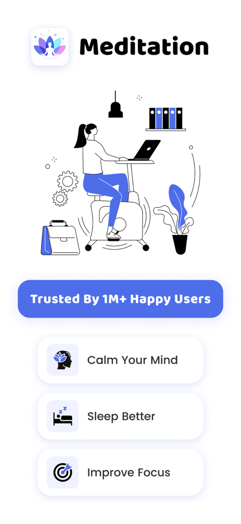 The Mindfulness Meditation App - Pantalla de la Aplicación de Meditación Mindfulness que muestra opciones para calmar la mente, dormir mejor y mejorar la concentración.