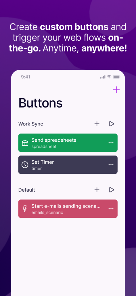 Make (formerly Integromat) - スプレッドシートやメールの送信などの自動Webフローをトリガーするためのカスタムボタンを示すMakeモバイルアプリのインターフェース。