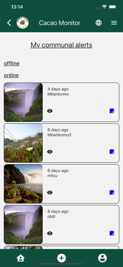Cocoa Monitor - Lista de alertas comunales de monitoreo forestal con fotos y ubicaciones en la aplicación Cocoa Monitor