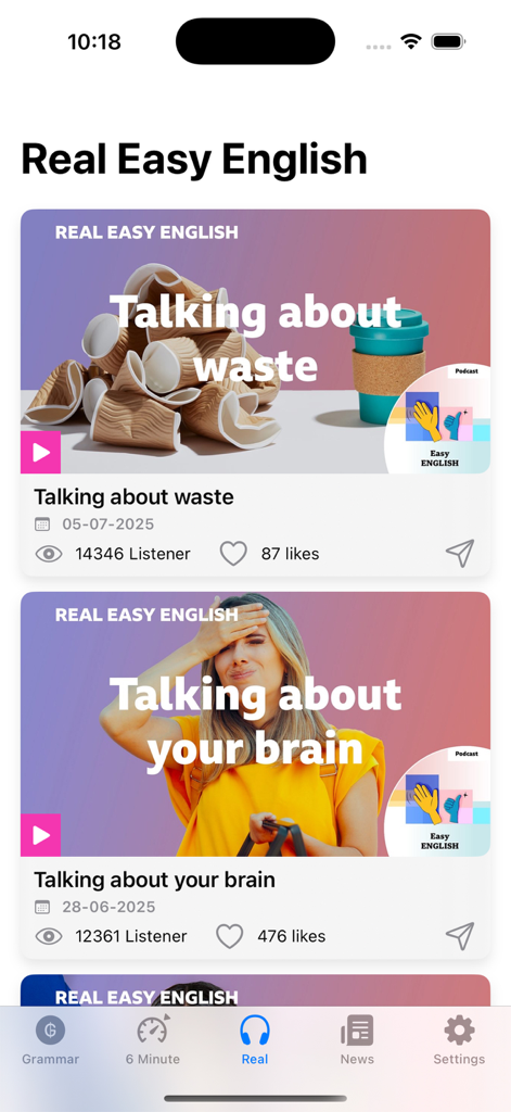 Grammar English Podcast - 英語学習アプリのインターフェース。廃棄物や脳などの様々なトピックに関するポッドキャストエピソードを表示。