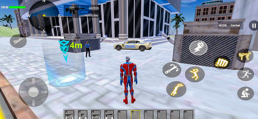 Third person view of a superhero character in an open world city with mobile game controls and a mission marker