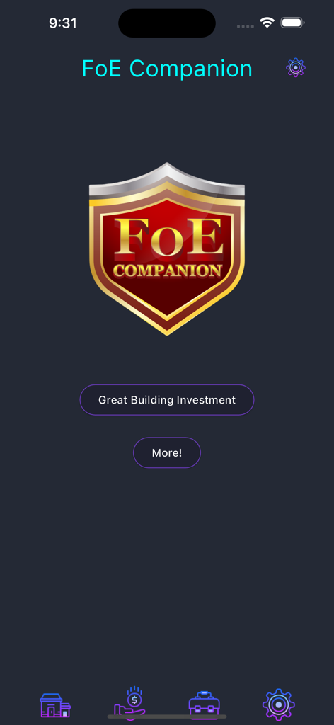 Main menu screen of the FoE Companion mobile app featuring the Great Building Investment button.