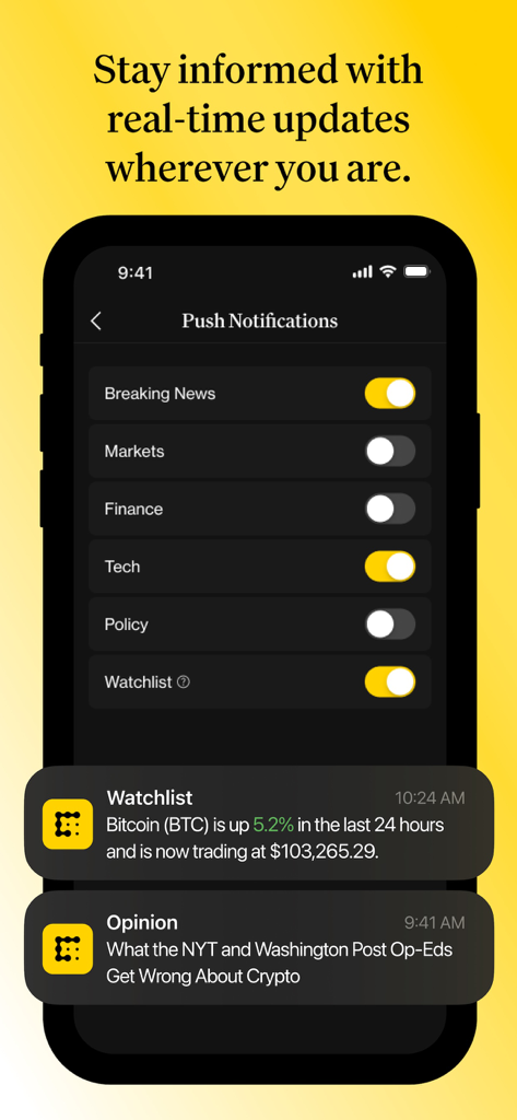 Pantalla de la aplicación CoinDesk que muestra la configuración de notificaciones push y alertas en tiempo real de noticias y precios de criptomonedas