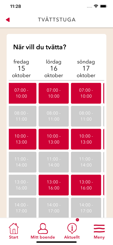 ÖBO - Hem för dig - Laundry room booking calendar with time slots in the OBO mobile app