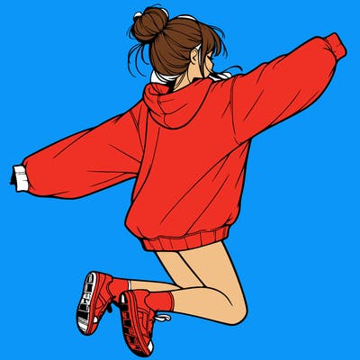 realistic girl jumping with a bun and oversized sweatshirt