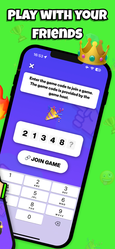 Mobile screen showing the join game interface where users enter a pin code to play with friends in the Exposed Party app.