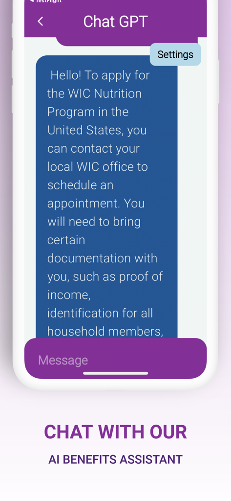 Captura de pantalla de una aplicación móvil que muestra un asistente de IA proporcionando información sobre las solicitudes del programa WIC