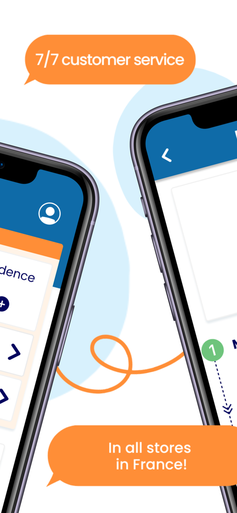 SkipTax app showing 7/7 customer service and shopping availability in all French stores